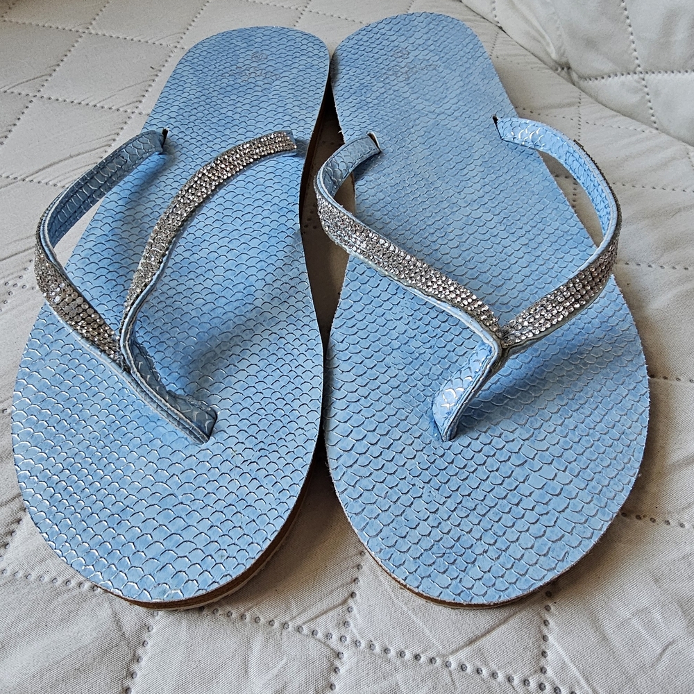 Sophie Sue Blue and Silver Women's Flip Flops NWOT Sz10